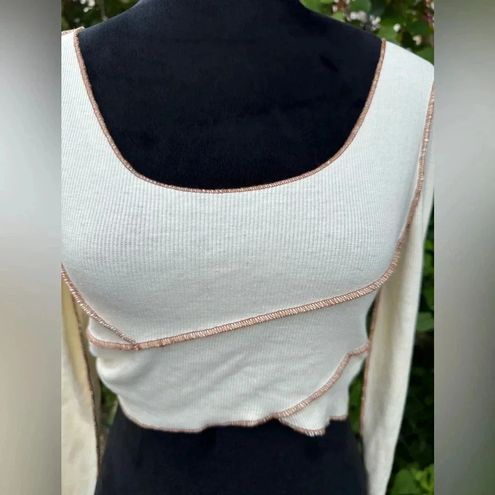 Cider cotton ribbed beige stiching long sleeve cropped top sz S nwot 006 - Picture 5 of 7